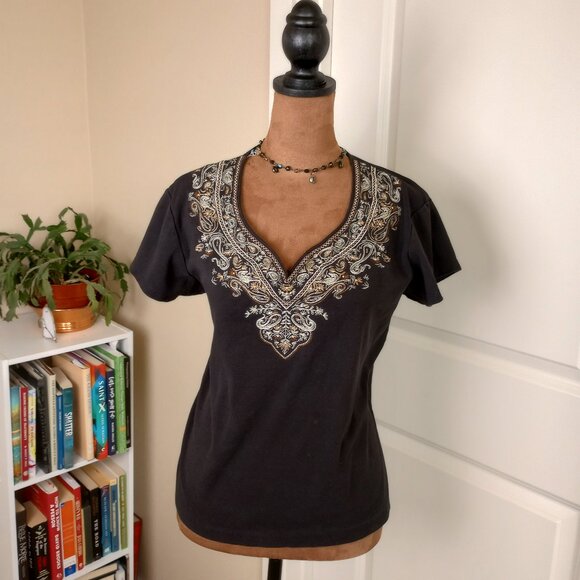 Black Boxy Tee Boho Paisley Top 90s Does 70s Stevie Nicks Western Grunge - Picture 1 of 5